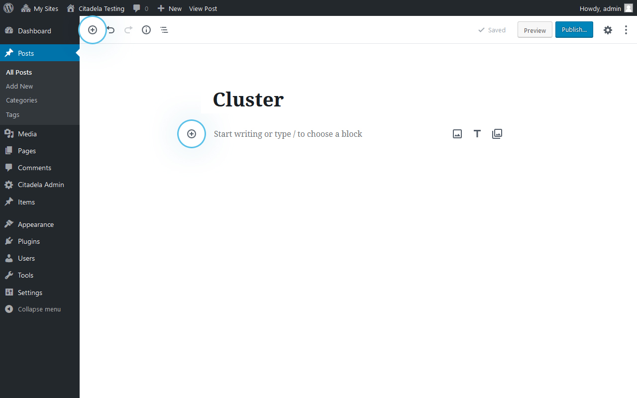 Lägg till Cluster-block i WordPress-redigeraren genom att klicka på "+"