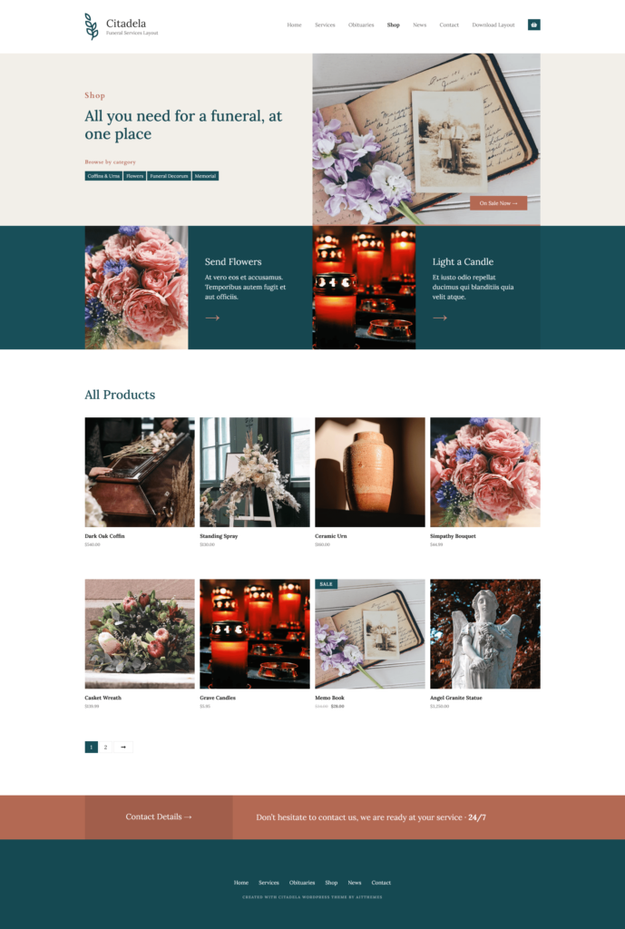 WordPress-tema för begravningar med butikssida