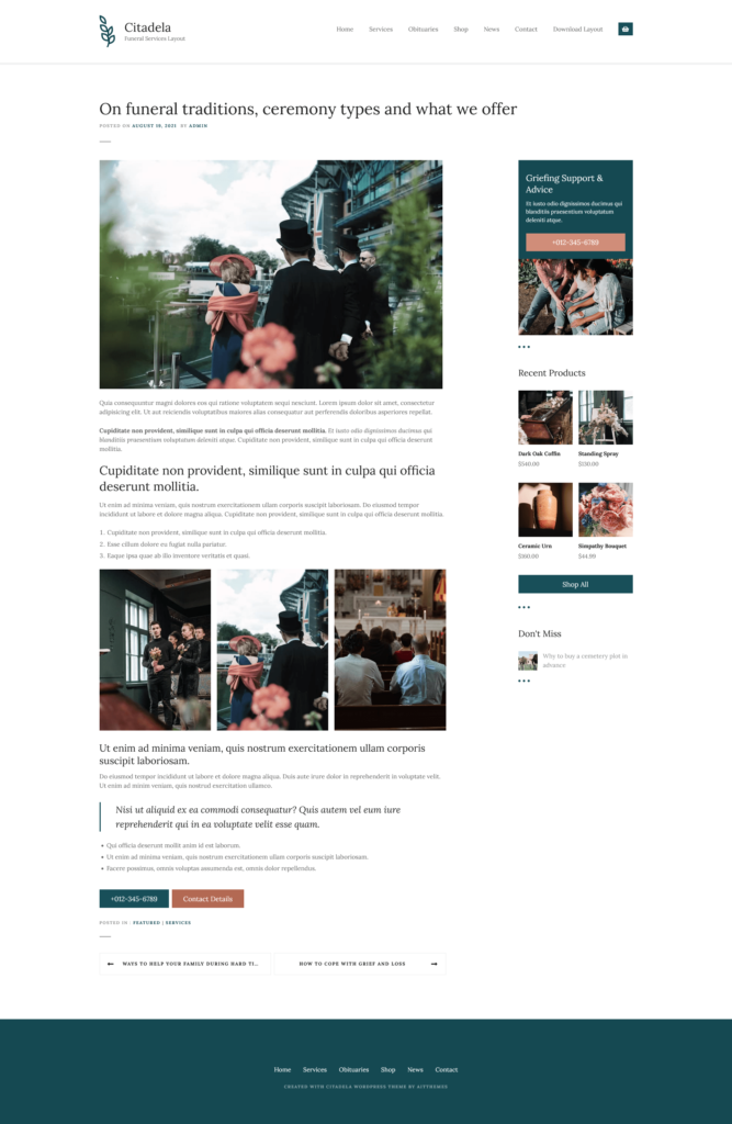 Blogginlägg exempel på webbplatsmall för minnesmärke